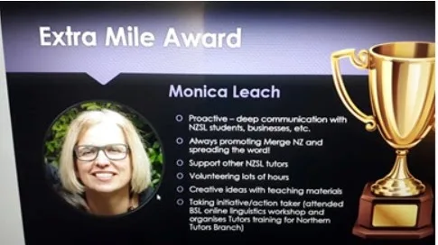 Merge NZ Extra Mile Award slide recognising Monica Leach