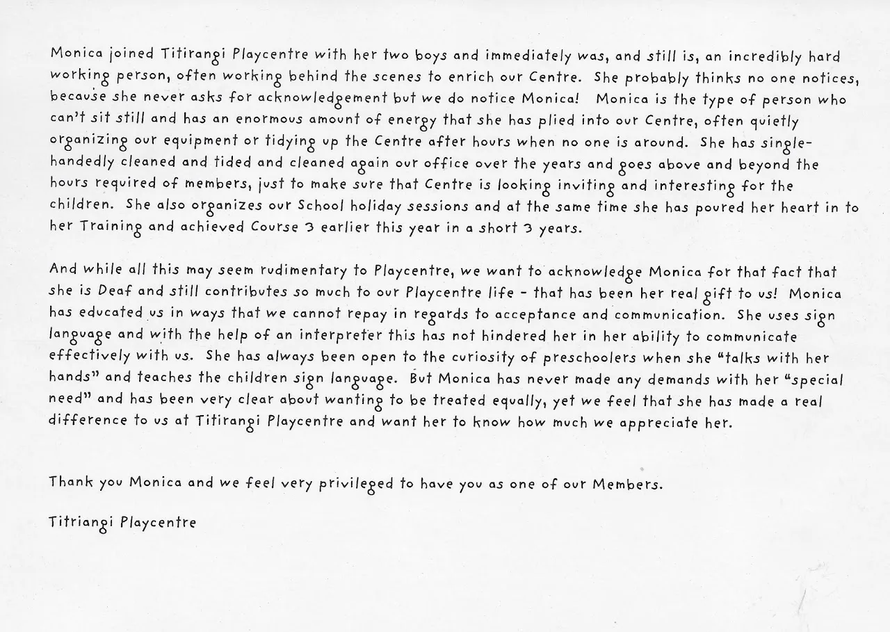 Handwritten thank-you letter from Titirangi Playcentre to Monica Leach