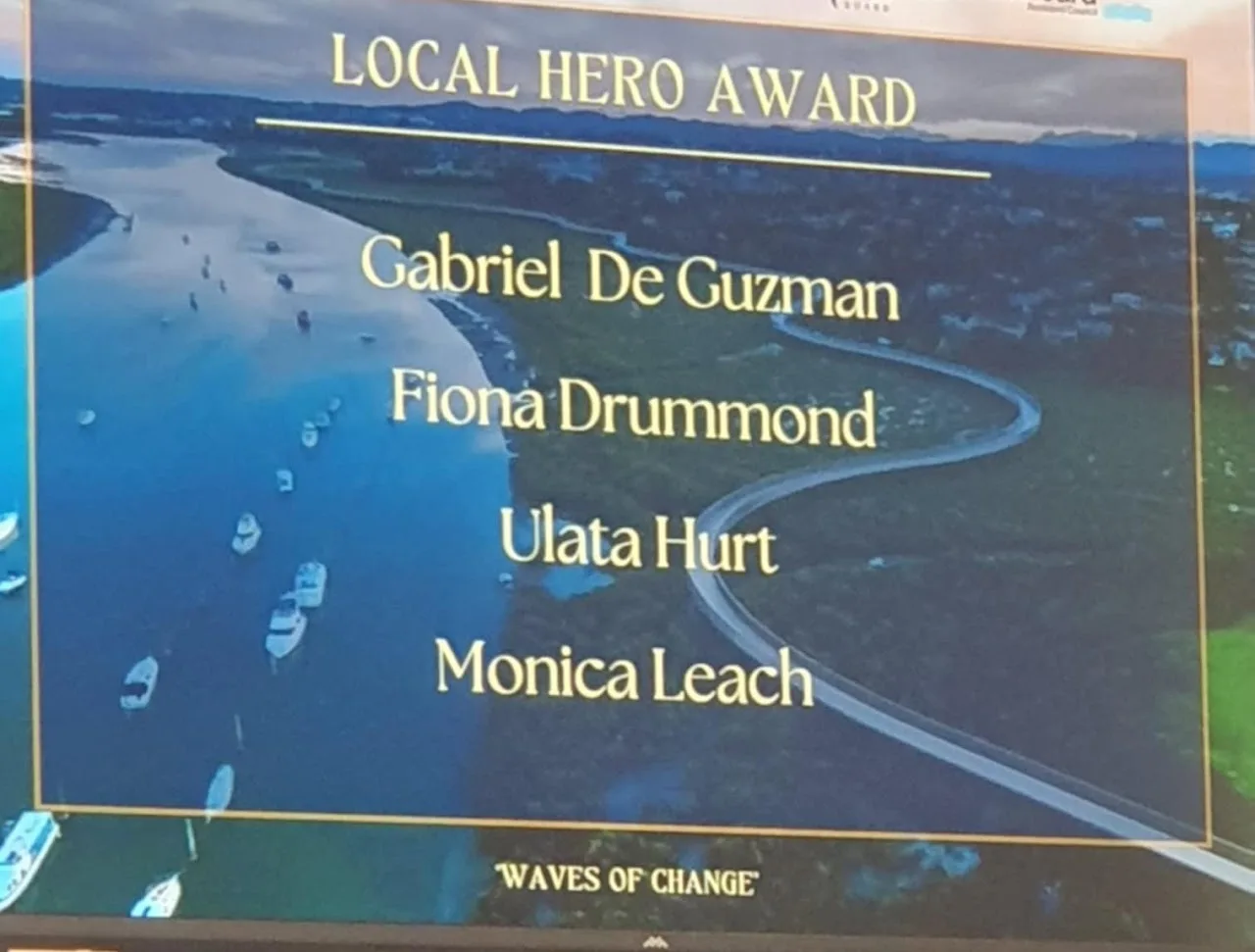 Whau Youth Awards slide listing the Local Hero Award recipients, including Monica Leach