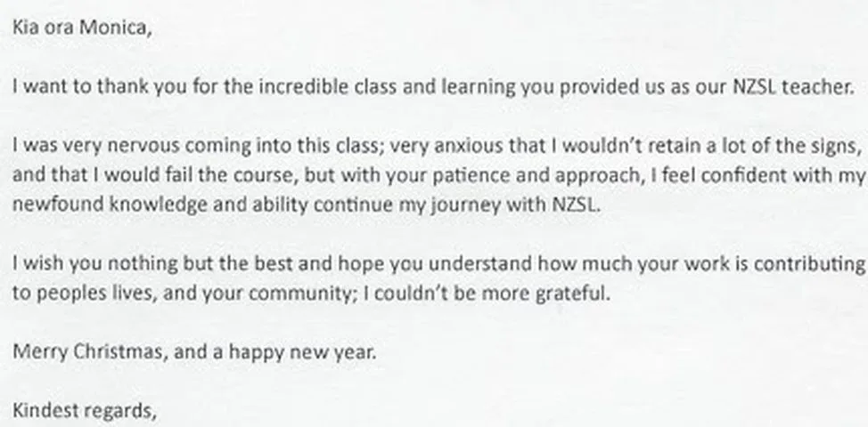 A handwritten thank-you note or card from a SignWest student