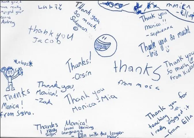 A handwritten thank-you note or card from a SignWest student