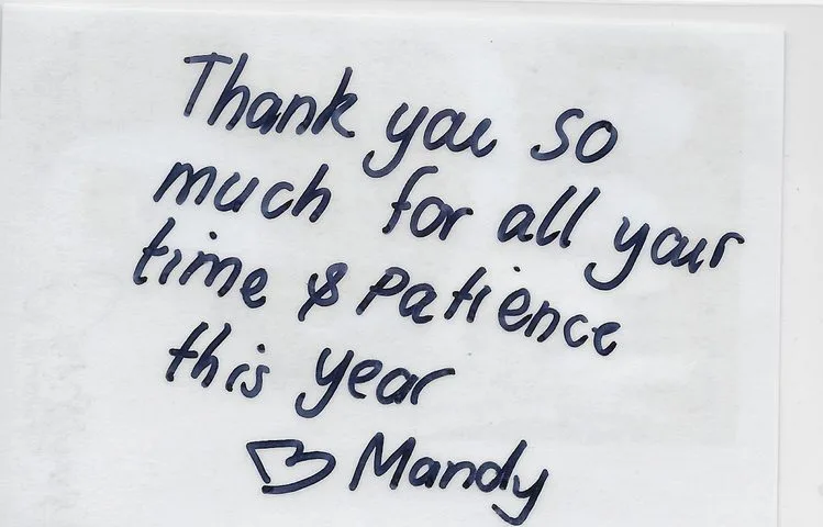 A handwritten thank-you note or card from a SignWest student